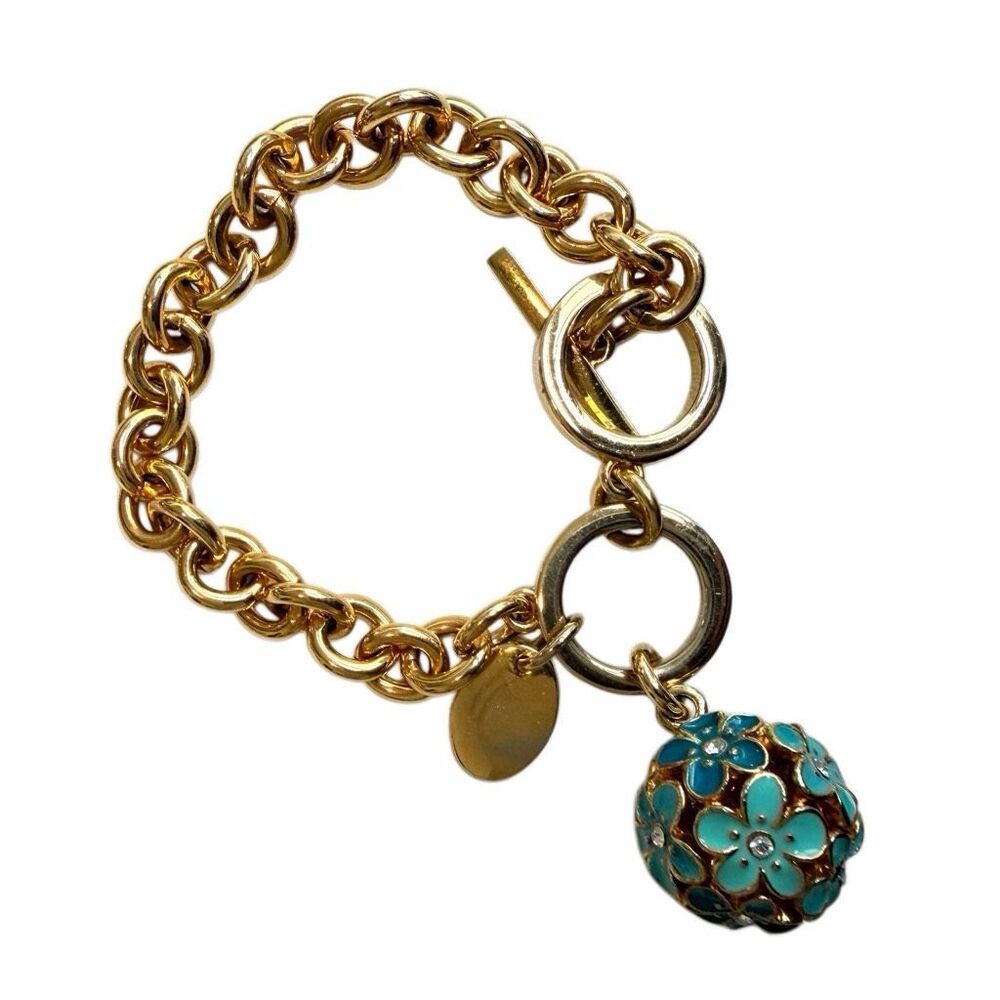 Tutti Frutti Gold Tone Charm Bracelet Blue Enamel Flower Ball Toggle Bracelet